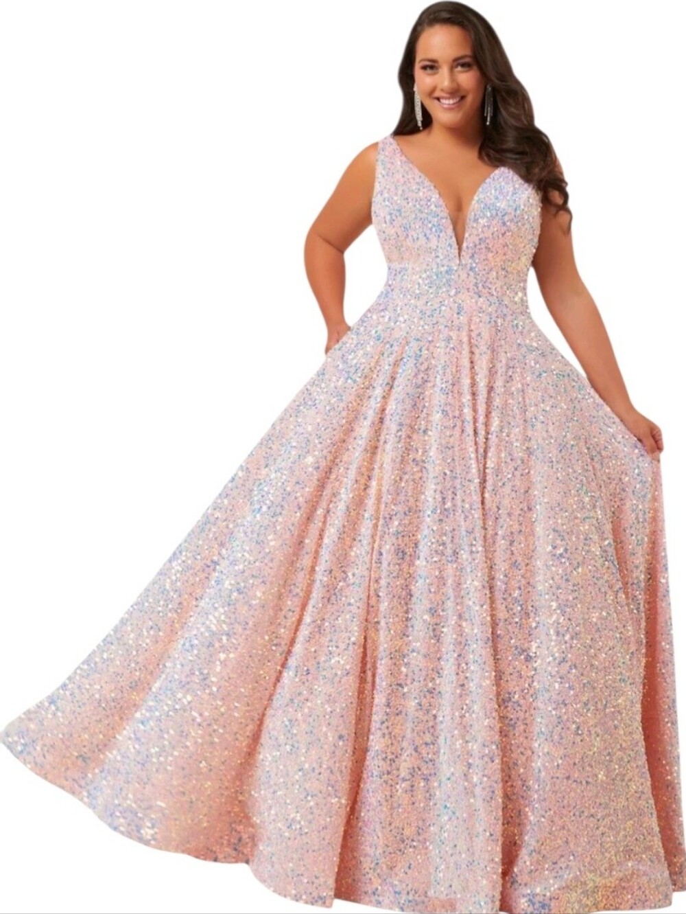 Nwot Cotton Candy Pink Sequined Sleeveless Ballgown  Deep V Front/Back & Pockets